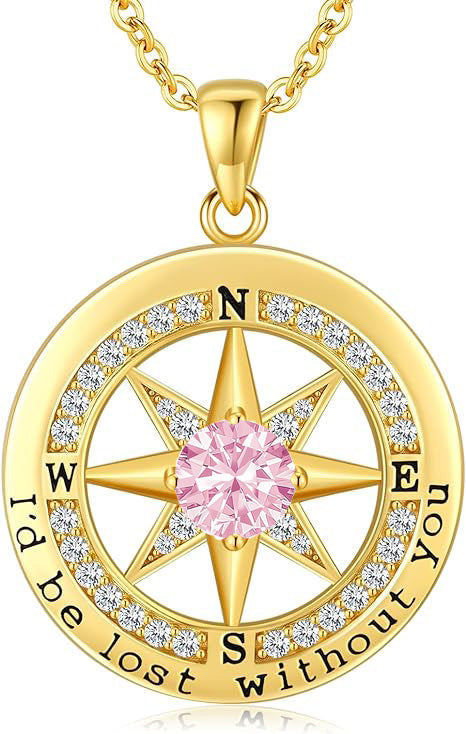 Personalized 12 Birthstone Compass Necklace | 925 Sterling Silver with Gold/Rose Gold/White Gold Plating + Zircon, Birth Month Jewelry for Women, Ideal Birthday Gift