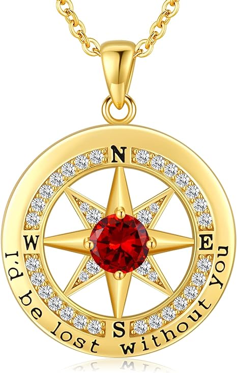 Personalized 12 Birthstone Compass Necklace | 925 Sterling Silver with Gold/Rose Gold/White Gold Plating + Zircon, Birth Month Jewelry for Women, Ideal Birthday Gift