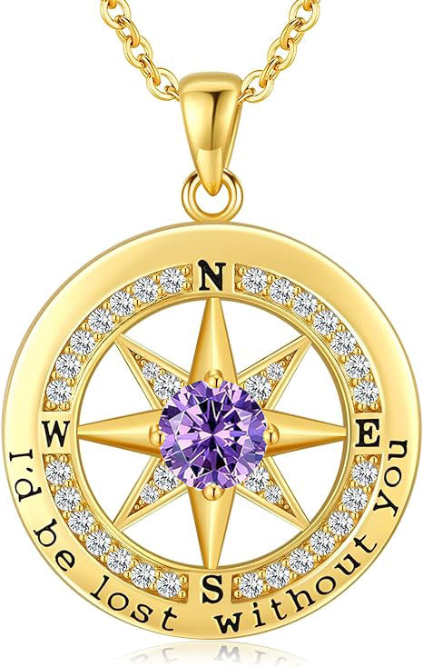 Personalized 12 Birthstone Compass Necklace | 925 Sterling Silver with Gold/Rose Gold/White Gold Plating + Zircon, Birth Month Jewelry for Women, Ideal Birthday Gift