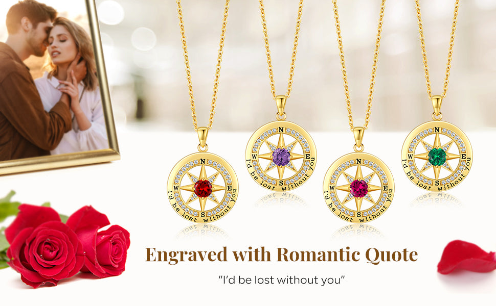Personalized 12 Birthstone Compass Necklace | 925 Sterling Silver with Gold/Rose Gold/White Gold Plating + Zircon, Birth Month Jewelry for Women, Ideal Birthday Gift