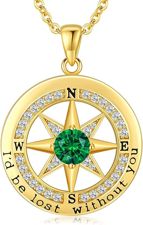 Personalized 12 Birthstone Compass Necklace | 925 Sterling Silver with Gold/Rose Gold/White Gold Plating + Zircon, Birth Month Jewelry for Women, Ideal Birthday Gift