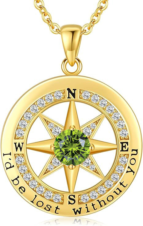 Personalized 12 Birthstone Compass Necklace | 925 Sterling Silver with Gold/Rose Gold/White Gold Plating + Zircon, Birth Month Jewelry for Women, Ideal Birthday Gift