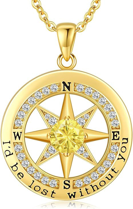 Personalized 12 Birthstone Compass Necklace | 925 Sterling Silver with Gold/Rose Gold/White Gold Plating + Zircon, Birth Month Jewelry for Women, Ideal Birthday Gift