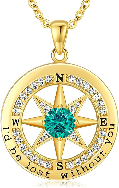 Personalized 12 Birthstone Compass Necklace | 925 Sterling Silver with Gold/Rose Gold/White Gold Plating + Zircon, Birth Month Jewelry for Women, Ideal Birthday Gift