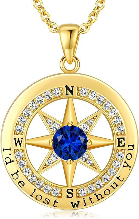 Personalized 12 Birthstone Compass Necklace | 925 Sterling Silver with Gold/Rose Gold/White Gold Plating + Zircon, Birth Month Jewelry for Women, Ideal Birthday Gift