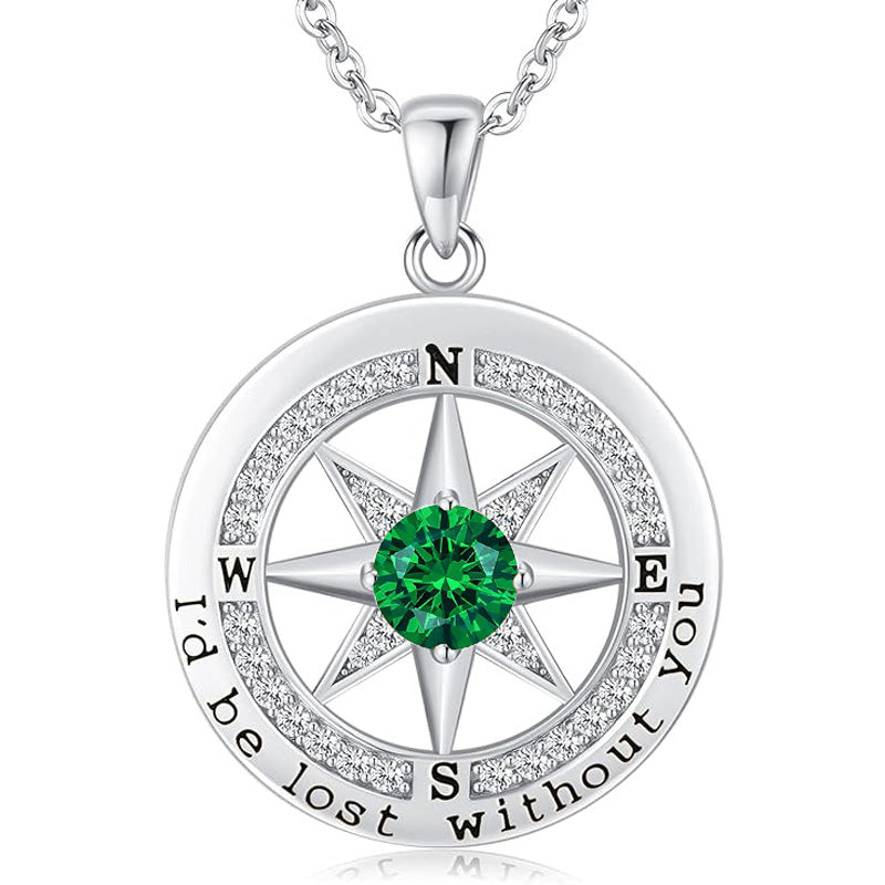 Personalized 12 Birthstone Compass Necklace | 925 Sterling Silver with Gold/Rose Gold/White Gold Plating + Zircon, Birth Month Jewelry for Women, Ideal Birthday Gift