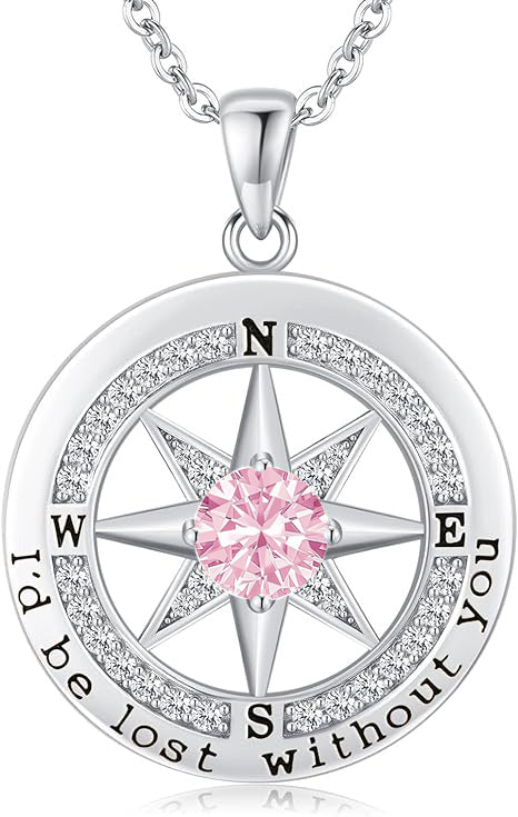 Personalized 12 Birthstone Compass Necklace | 925 Sterling Silver with Gold/Rose Gold/White Gold Plating + Zircon, Birth Month Jewelry for Women, Ideal Birthday Gift
