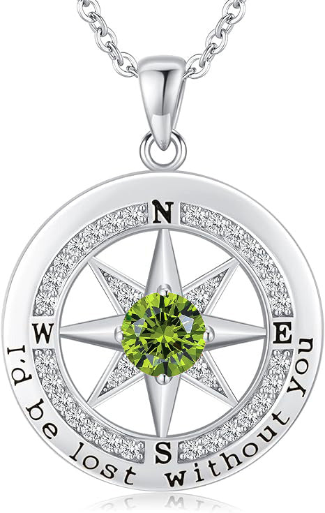 Personalized 12 Birthstone Compass Necklace | 925 Sterling Silver with Gold/Rose Gold/White Gold Plating + Zircon, Birth Month Jewelry for Women, Ideal Birthday Gift