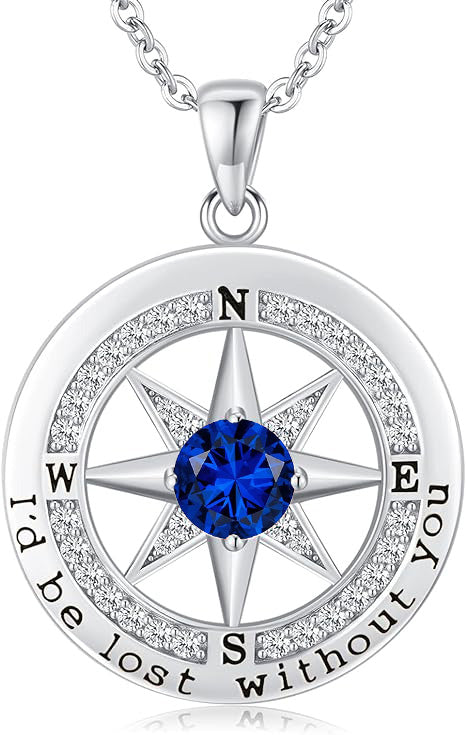 Personalized 12 Birthstone Compass Necklace | 925 Sterling Silver with Gold/Rose Gold/White Gold Plating + Zircon, Birth Month Jewelry for Women, Ideal Birthday Gift